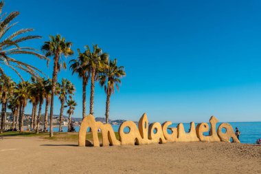 Malagueta beach and its palm trees in the city of Malaga, Andalusia. Spain
