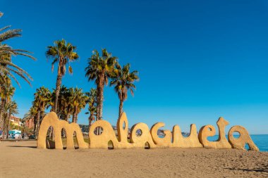 Malagueta beach and its palm trees in the city of Malaga, Andalusia. Spain