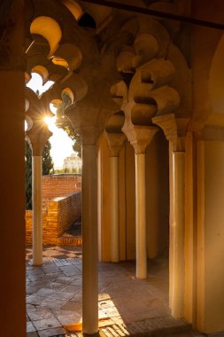 Sunset detail from the Arab doors of a courtyard of the Alcazaba in the city of Malaga, Andalusia. Spain. Medieval fortress in arabic style