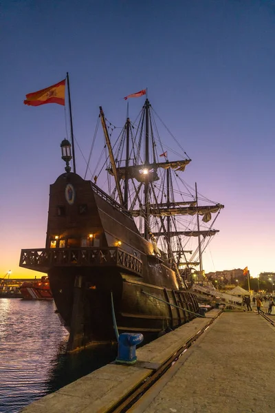 Old Boat Sunset Promenade Muelle Uno Malagaport City Malaga Andalusia — стокове фото