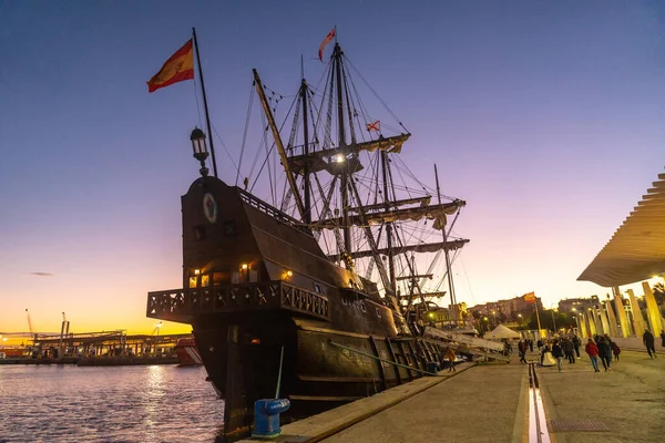 Old Boat Sunset Promenade Muelle Uno Malagaport City Malaga Andalusia — стокове фото