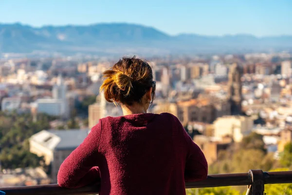 Young Woman Looking Views City Cathedral Incarnation Malaga Castillo Gibralfaro — Fotografia de Stock
