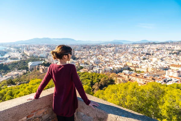 Young Woman Admiring Beautiful City Wall Gibralfaro Castle City Malaga — 스톡 사진