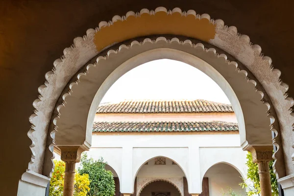 Detail of the patio doors with water fountains inside the Alcazaba in the city of Malaga, Andalusia. Spain. Medieval fortress in arabic style