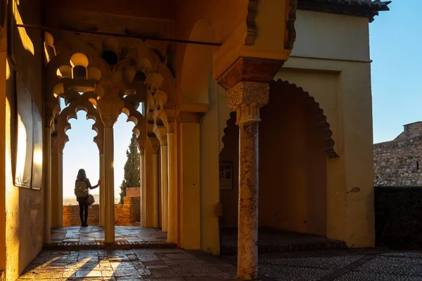 Young Woman Sunset Arab Doors Courtyard Alcazaba City Malaga Andalusia —  Fotos de Stock