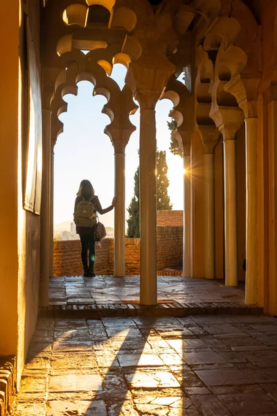 Young Woman Sunset Arab Doors Courtyard Alcazaba City Malaga Andalusia — Foto Stock