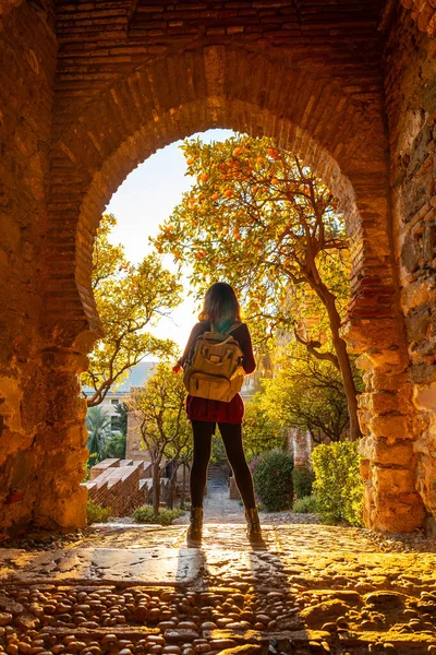Tourist Sunset Gate Alcazaba Wall City Malaga Andalusia Spain Medieval — Stock Fotó