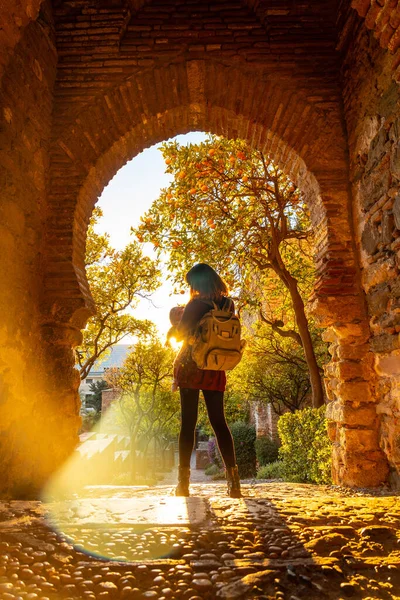 Tourist Her Son Sunset Gate Alcazaba Wall City Malaga Andalusia — Stock Fotó