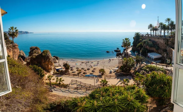 Panoramic Calahonda Beach Town Nerja People Sunbathing Spring Andalusia Spain — Stock Photo, Image