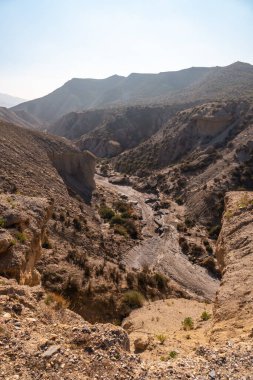 Endülüs 'ün Almerya bölgesindeki Tabernas Çölü kanyonunda değerli bir kavis. Rambla del Infierno 'da bir gezide.