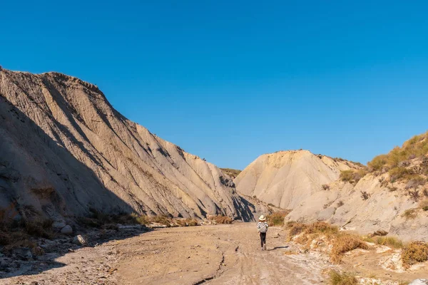 Egy Fiatal Túrázó Hátizsákkal Sapkával Sivatagban Tabernas Almeria Tartomány Andalúzia — Stock Fotó