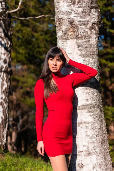 春天的生活方式公园里一位年轻的黑发姑娘的画像 她穿着红色衣服 在一棵树旁休息 欣赏大自然 还有一张垂直的照片 — 图库照片