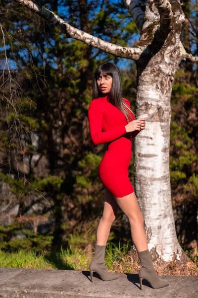 春天的生活方式公园里一个年轻的黑发女子穿着红色衣服 以时尚的姿态欣赏大自然的画像 — 图库照片