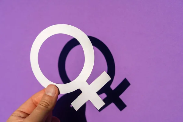 Woman Holding Female Symbol Purple Background March Women Rights Equality — Stock Photo, Image