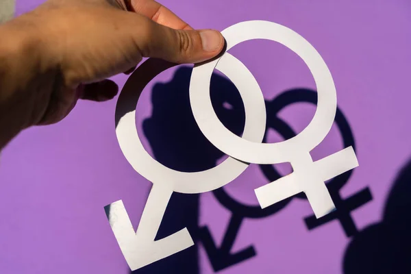 Чоловік Тримає Чоловічий Жіночий Символ Фіолетовому Тлі Гендерній Рівності Боротьбі — стокове фото