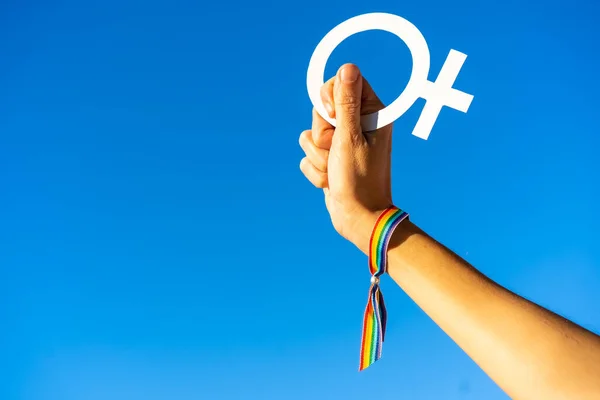 Hand Woman Female Symbol Favor Feminism Blue Sky Background Fighting — Stock Photo, Image