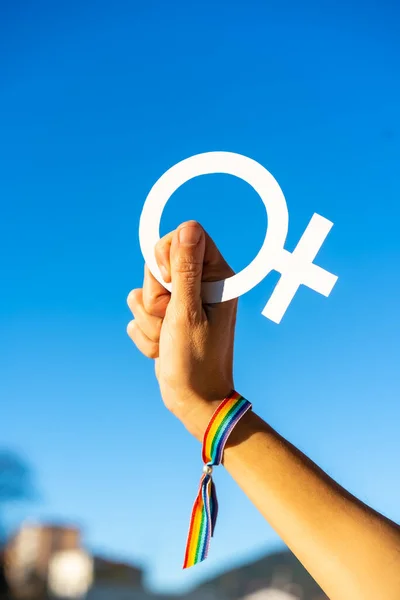 Hand Woman Female Symbol Favor Feminism Blue Sky Background Fighting — Stock Photo, Image
