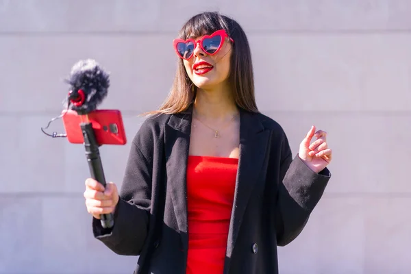 Morena Chica Caucásica Haciendo Vlog Día San Valentín Para Las — Foto de Stock