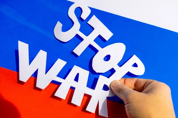 Stoppa Krig Konflikt Mellan Ukraina Och Ryssland Man Som Höll — Stockfoto