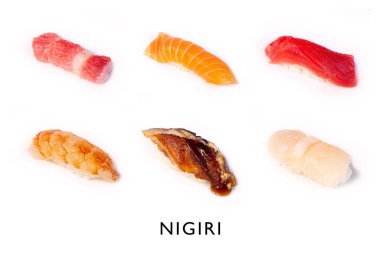 Nigiri 'nin parçaları, farklı yiyeceklerle pişirmenin farklı yolları. Geleneksel Japon mutfağı,