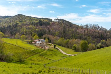 Andatza Dağı 'nın tepesindeki geleneksel Bask çiftlik evi Usurbil, Gipuzkoa' da doğal bir yerde. Bask Ülkesi
