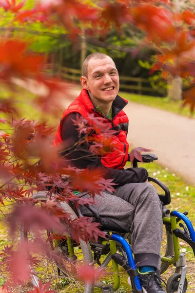 도시의 공원에서 조끼를 마비된 청년의 모습이었습니다 나뭇잎 휠체어에 앉아서 — 스톡 사진