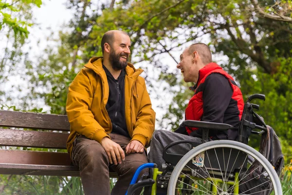 도시의 공원에 벤치에서 친구와 휠체어를 이야기를 나누며 마비된 청년의 — 스톡 사진