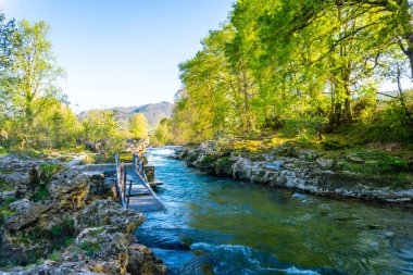 Cangas de Onis kasabasındaki Sella nehrinin yanındaki yol. Asturyalar. İspanya
