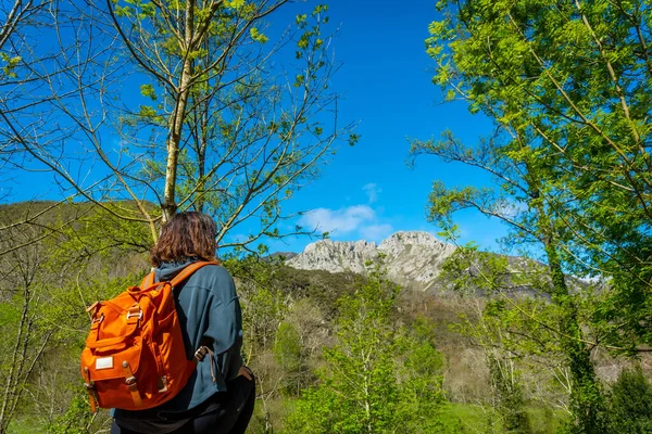 Uma Jovem Mulher Com Uma Mochila Olhando Para Montanhas Rio — Fotografia de Stock