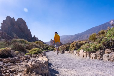 Tenerife, Kanarya Adaları 'ndaki Teide' nin doğal bölgesinde Roques de Gracia ve Roque Cinchado arasında yürüyen bir turist.