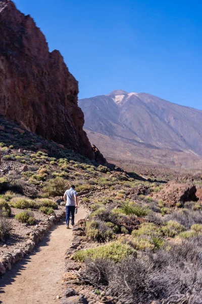 Tenerife, Kanarya Adaları 'ndaki Teide' nin doğal bölgesinde Roques de Gracia ve Roque Cinchado arasında ay manzarasında yürüyen bir turist.