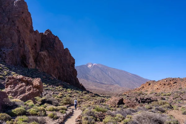 Tenerife, Kanarya Adaları 'ndaki Teide' nin doğal bölgesinde Roques de Gracia ve Roque Cinchado arasında ay manzarasında yürüyen bir turist.