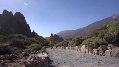Tenerife, Kanarya Adaları 'ndaki Teide' nin doğal bölgesinde Roques de Gracia ve Roque Cinchado arasında yürüyen bir turist.