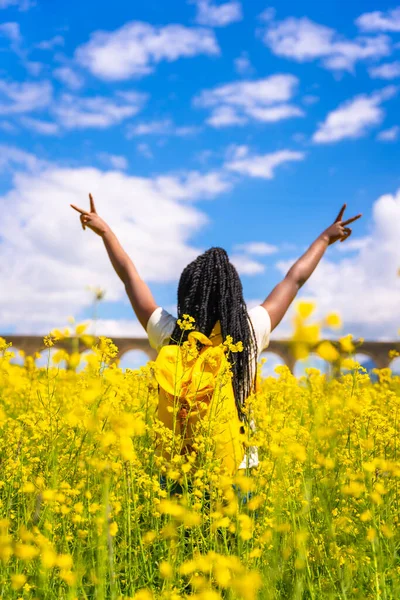 Making Victory Symbol Black Ethnic Girl Braids Traveler Field Yellow — Fotografia de Stock