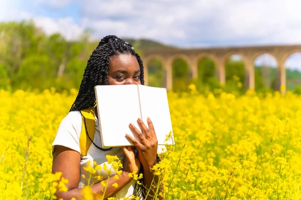 Reading Book Nature Girl Black Ethnicity Braids Traveler Field Yellow — Zdjęcie stockowe