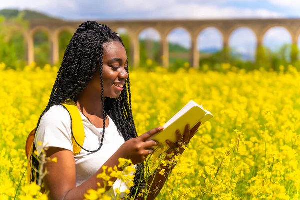 Reading Book Nature Smiling Black Ethnic Girl Braids Traveler Field — Zdjęcie stockowe