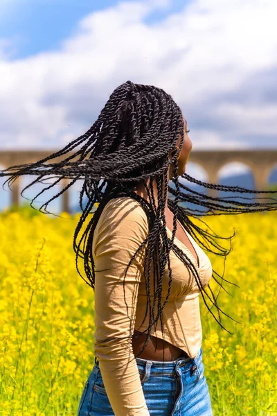 Lifestyle Moving Hair Portrait Black Ethnic Girl Braids Traveler Field — Photo
