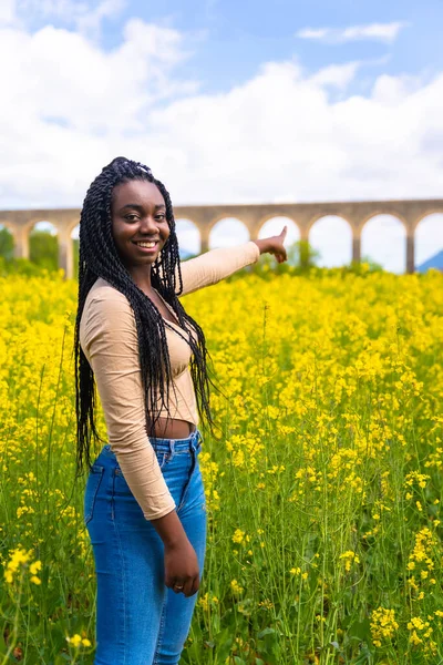 Lifestyle Pointing Bridge Portrait Black Ethnic Girl Braids Traveler Field — Photo