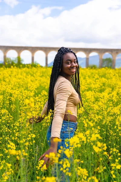 Lifestyle Enjoying Nature Portrait Black Ethnic Girl Braids Traveler Field — Photo