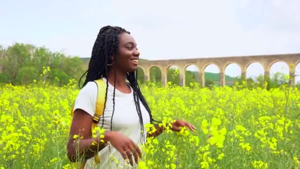 Lifestyle Enjoying Nature Freedom Portrait Black Ethnic Girl Braids Field — Stockvideo