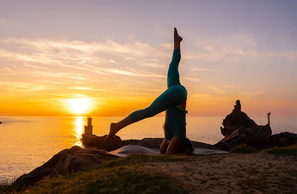 Sarvangasana Woman Doing Meditation Yoga Exercises Rock Sunset Next Lighthouse — Stock Photo, Image