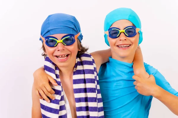 Hermanos Vestidos Con Trajes Baño Para Clases Natación Piscina Fondo —  Fotos de Stock