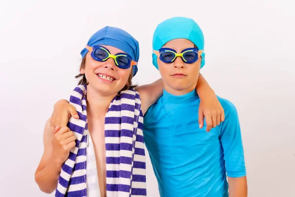 Siblings Dressed Hugging Swimsuits Swimming Lessons Pool White Background — Stock Photo, Image