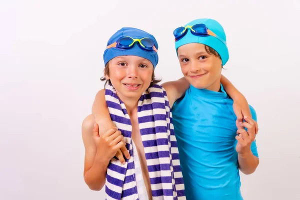 Brothers Dressed Hugged Swimsuits Swimming Lessons Pool Summer White Background — Stock Photo, Image