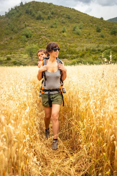 Woman Her Son Field Yellow Wheat Grain Ready Harvest Summer — 스톡 사진