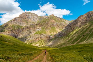 Dağlarda genç bir adam yazın Ripera vadisinde tek başına yürüyor, Pireneler.