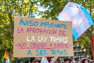 Madrid, Spain: July 9, 2022: A banner in favor of a trans law at the lgbt gay pride party and parade in Madrid