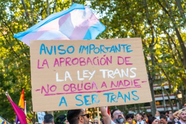 Madrid, Spain: July 9, 2022: A banner in favor of a trans law at the lgbt gay pride party and parade in Madrid