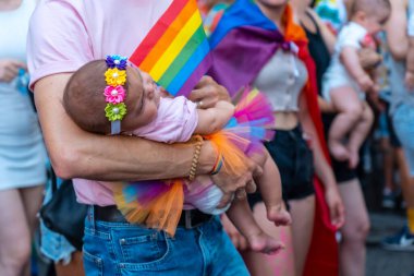 Madrid, Spain: July 9, 2022: A group in favor of lgtbi families at the gay pride party and parade, lgbt in Madrid