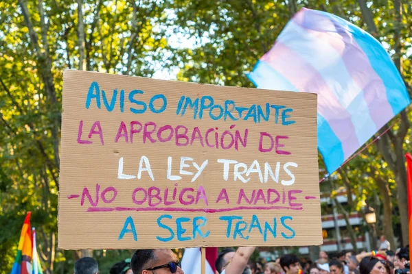 Madrid España Julio 2022 Una Pancarta Favor Una Ley Trans — Foto de Stock